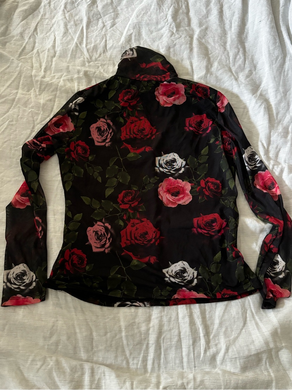 New York and Company Black Floral Rose Print Long Sleeve Top mock neck